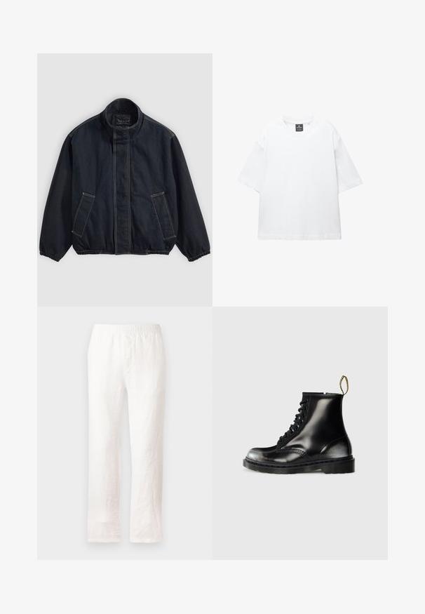 Dunkelblauer Jacke mit Stehkragen, elastischen Bündchen und zwei Fronttaschen. Sichtbare Nähte und eine entspannte, leicht übergroße Passform.; Weißes T-Shirt mit kurzen Ärmeln aus Baumwolle, das über einen Rundhalsausschnitt und einen lockeren Schnitt mit geradem Saum verfügt. Keine Muster oder Verzierungen.; Weiße Leinenhose mit elastischem Bund, geradem Bein und leicht strukturiertem Stoff. Keine Muster oder zusätzlichen Details.; Schwarze Leder-Ankle-Boots mit glanzfinish, acht Ösen, schwarzen Schnürsenkeln und einer Zuglasche. Mit einer strukturierten, profilierten Sohle.