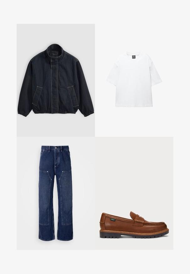 Mörkblå jacka med ståkrage, elastiska mudd, och två framfickor. Synliga sömdetaljer och en avslappnad, något oversized passform.; Vit kortärmad t-shirt i bomull, med rund halsringning och avslappnad passform med rak nederkant. Inga mönster eller dekorationer.; Breda byxor i mörkblå denim med kontrasterande paneldetaljer, framfickor och en metallknapp i stängningen. Strukturerad tyg med synlig sömnad.; Bruna läderloafers med dekorativ sömnad och en texturerad tå. Sulan har en robust design som erbjuder grepp och hållbarhet.