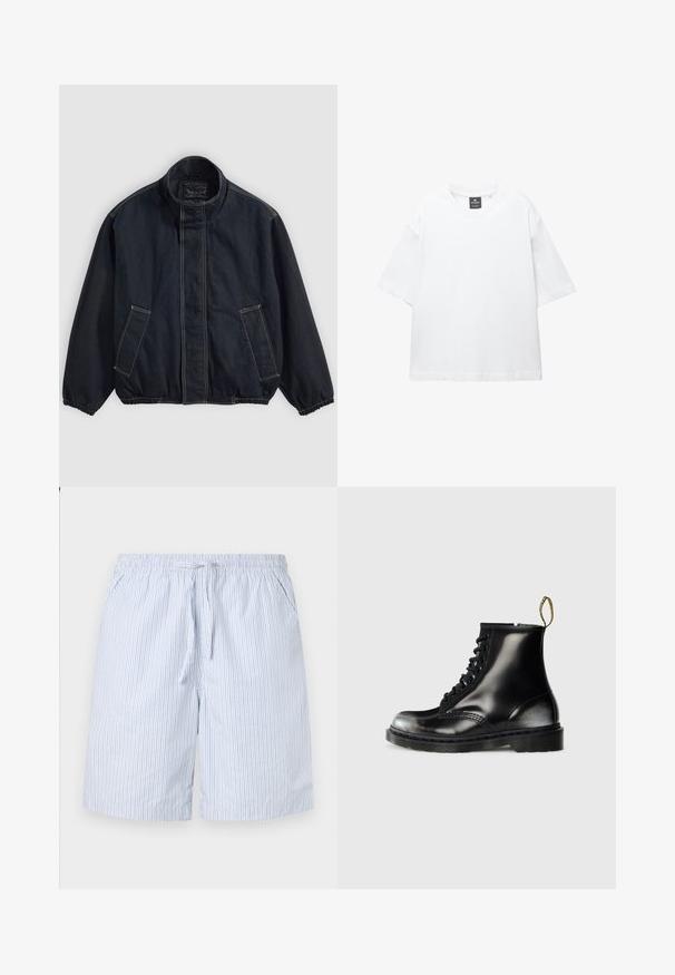 Donkerblauwe jas met een staande kraag, elastische mouwen en twee voorkeurszakken. Zichtbare stiksels en een casual, licht oversized pasvorm.; Witte t-shirt met korte mouwen van katoen, met een ronde hals en een relaxte fit met rechte zoom. Geen patronen of versieringen.; Blauw-witte gestreepte zwembroek gemaakt van lichtgewicht stof, met een elastische tailleband met trekkoord en zijzakken.; Zwarte leren enkellaarzen met een glanzende afwerking, acht veterogen, zwarte veters en een trekloop. Voorzien van een getextureerde, gedetailleerde zool.