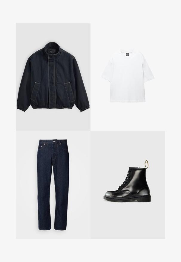 Tummansininen takki, jossa on pystykaulus, joustavat hihansuut ja kaksi etutaskua. Näkyviä ompeluominaisuuksia ja rento, hieman ylipitkä malli.; Valkoinen lyhythihainen T-paita, joka on valmistettu puuvillasta. Paita on pyöreäkauluksinen, väljästi leikattu ja suorahelmainen. Ei kuvioita eikä koristeita.; Tummansiniset farkut suoranlahkeisella mallilla, joissa on viisi taskua, nappikiinnitys ja huomaamattomat ompeluaksentit.; Mustat nahka nilkkasaappaat kiiltävällä pinnalla, kahdeksan reikää, mustat nauhat ja vetolenkit. Ominaisuuksiin kuuluu teksturoitu, uritettu pohja.