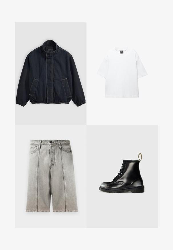 Donkerblauwe jas met een staande kraag, elastische mouwen en twee voorkeurszakken. Zichtbare stiksels en een casual, licht oversized pasvorm.; Witte t-shirt met korte mouwen van katoen, met een ronde hals en een relaxte fit met rechte zoom. Geen patronen of versieringen.; Grijze denim shorts met een rechtmodel ontwerp, voorzien van twee voorkennis, een knoopsluiting en contrasterende stikdetails.; Zwarte leren enkellaarzen met een glanzende afwerking, acht veterogen, zwarte veters en een trekloop. Voorzien van een getextureerde, gedetailleerde zool.