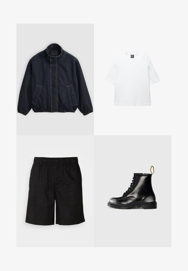 Temno modra jakna z dvignjenim ovratnikom, elastičnimi manšetami in dvema sprednjima žepoma. Vidne šive in sproščen kroj, rahlo oversize.; Bela majica s kratkimi rokavi iz bombaža, z okroglo ovratnikom in sproščenim krojem ter ravnim robom. Brez vzorcev ali okrasnih elementov.; Črne kratke hlače z elastičnim pasom in gumbom za zapiranje. Imajo dva velika stranska žepa iz strukturirane tkanine. Sproščen dizajn.; Črne usnjene gležnjarje s sijajno površino, osem luknjicami, črnimi vezalkami in zanko za pomoč pri obuvanju. Imajo teksturiran podplat z globokim profilom.
