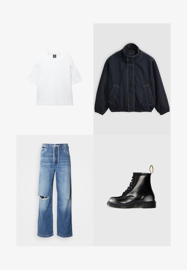 Tummansininen takki, jossa on pystykaulus, joustavat hihansuut ja kaksi etutaskua. Näkyviä ompeluominaisuuksia ja rento, hieman ylipitkä malli.; Valkoinen lyhythihainen T-paita, joka on valmistettu puuvillasta. Paita on pyöreäkauluksinen, väljästi leikattu ja suorahelmainen. Ei kuvioita eikä koristeita.; Vaalean siniset farkut, joissa on avara leikkaus, valkoisella kiristysnauhalla vyötäröllä ja selkeät repeämät etuosassa, jotka paljastavat rispaantuneita reunoja.; Mustat nahka nilkkasaappaat kiiltävällä pinnalla, kahdeksan reikää, mustat nauhat ja vetolenkit. Ominaisuuksiin kuuluu teksturoitu, uritettu pohja.