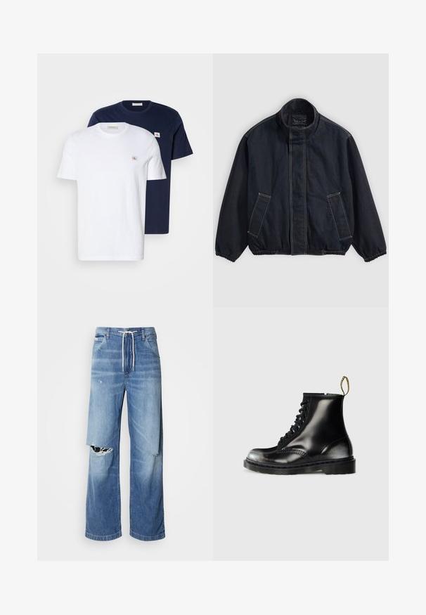 Tummansininen takki, jossa on pystykaulus, joustavat hihansuut ja kaksi etutaskua. Näkyviä ompeluominaisuuksia ja rento, hieman ylipitkä malli.; Puuvillapaita pakkaus valkoisena ja tummansinisenä. Jokaisessa on pyöreä pääntie, lyhyet hihat ja pieni logopatch rintamalla.; Vaalean siniset farkut, joissa on avara leikkaus, valkoisella kiristysnauhalla vyötäröllä ja selkeät repeämät etuosassa, jotka paljastavat rispaantuneita reunoja.; Mustat nahka nilkkasaappaat kiiltävällä pinnalla, kahdeksan reikää, mustat nauhat ja vetolenkit. Ominaisuuksiin kuuluu teksturoitu, uritettu pohja.