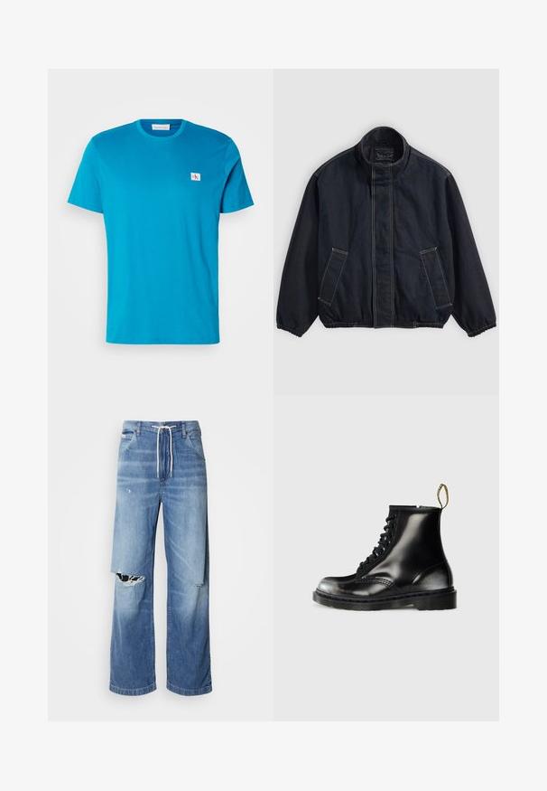 Sötétkék dzseki álló gallérral, elasztikus mandzsettákkal és két elülső zsebbel. Látványos varrási részletek és kényelmes, enyhén oversize szabás.; Türkiz pamut póló rövid ujjakkal, kerek nyakkivágással és egy kis fehér logóval a mellrészen. Sima textúrájú és laza szabású.; Világoskék farmernadrág laza szabással, fehér húzózsinóros derékpánttal, a elején jellegzetes szakításokkal, amelyeken cérnával szelektált szélek láthatók.; Fekete bőr bokacsizmák fényes felülettel, nyolc fűzőlyukkal, fekete cipőfűzővel és húzófüllel. Mintás talppal rendelkezik.