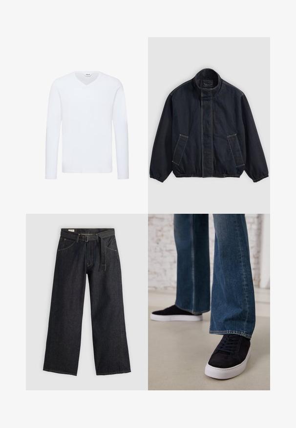 Tmavě modrá bunda s vysokým límcem, elastickými manžetami a dvěma předními kapsami. Viditelné švy a uvolněný, lehce oversized střih.; Bílý dlouhý rukáv, tričko s výstřihem do V vyrobené z jemné bavlněné směsi. Má hladkou texturu a rovný lem s minimálním zdobením.; Tmavé denimové kalhoty s širokými nohavicemi a páskem v pase, s předními kapsami a kontrastním prošíváním. Hladká textura s čistým designem.; Tmavě modré semišové tenisky s bílou gumovou podrážkou a tkaničkami, zkombinované s širokými džíny v středně modré praní.
