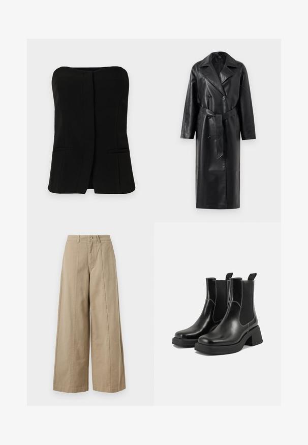 Crni kožni kaput do koljena s dvostrukim kopčanjem sprijeda, velikim reverima, širokim rukavima i uklonjivim remenom u struku. Glatka tekstura.; Crna, bezrukavna bluza s ravnim dekolteom, prednjim kopčanjem i dva skrivena bočna džepa. Glatka tkanina s krojem koji se dobro uklapa.; Bež hlače širokih nogavica od čvrstog pamuka, s kopčanjem na dugme, petljama za remen i urednim prednjim nabranjem bez vidljivih džepova.; Crne kožne Chelsea čizme s debelim potplatom, elastičnim bočnim panelima i kontrastnim bijelim šavovima. Teksturirana površina.