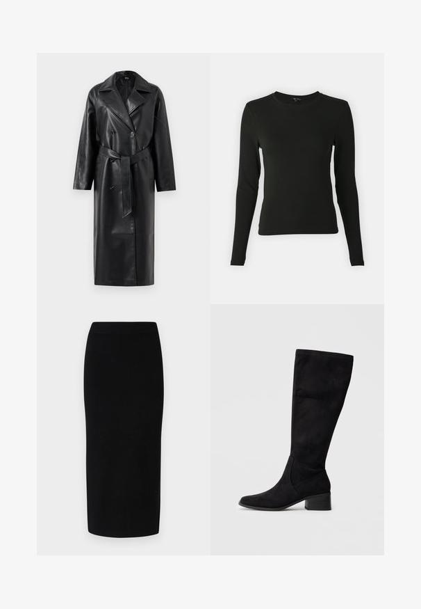 Schwarzer Leder-Trenchcoat mit einer doppelreihigen Vorderseite, großen Revers, weiten Ärmeln und einem abnehmbaren Gürtel in der Taille. Glatte Textur.; Schwarzes Langarmshirt aus glattem Stoff, mit rundem Ausschnitt und taillierter Passform, ohne sichtbare Muster oder Akzente.; Schwarzer Strick-Midirock mit einer taillierten Silhouette, ausgestattet mit einem breiten elastischen Bund und glatter Textur, ohne erkennbare Muster oder Akzente.; Schwarze kniehoche Stiefel aus einem samtartigen Material, mit spitzem Vorderteil und Blockabsatz. Nahtdetails an der Seite betonen die Form.