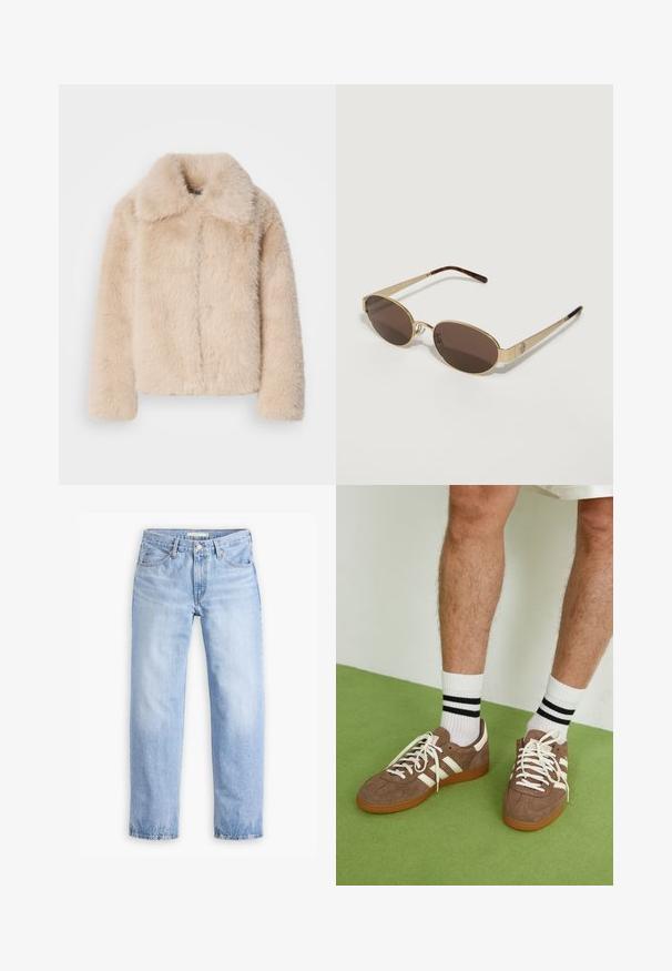 Short faux fur jacket in light beige with a short collar and front seam detail. Soft texture with long, fluffy fibers and full-length sleeves.; Brown cotton t-shirt with short raglan sleeves, a round neckline, and a loose fit, featuring a solid color without patterns or accents.; Light blue denim jeans with a straight-leg design, five pockets, and a mid-rise waist. Features a faded texture and stitched hem.; Brown suede sneakers with white accents and laces. Rubber gum sole. Worn with white socks featuring black stripes. Green textured flooring.; Gold metal sunglasses with brown tinted oval lenses. Slim arms feature a tortoiseshell pattern and a logo detail near the hinges.; Tommy Hilfiger LIBRE SATCHEL - Handbag - safari