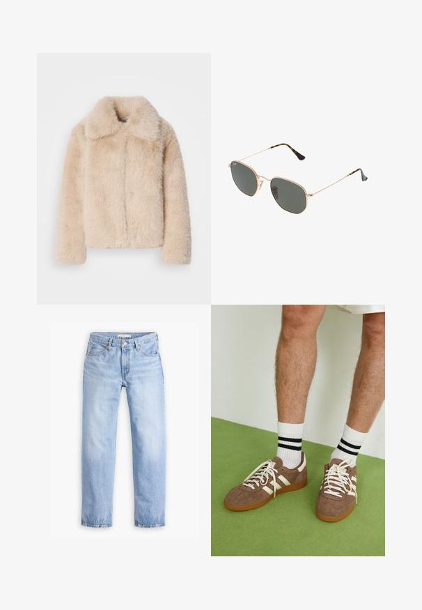 Short faux fur jacket in light beige with a short collar and front seam detail. Soft texture with long, fluffy fibers and full-length sleeves.; Brown cotton t-shirt with short raglan sleeves, a round neckline, and a loose fit, featuring a solid color without patterns or accents.; Light blue denim jeans with a straight-leg design, five pockets, and a mid-rise waist. Features a faded texture and stitched hem.; Brown suede sneakers with white accents and laces. Rubber gum sole. Worn with white socks featuring black stripes. Green textured flooring.; Gold metal-frame sunglasses with dark green lenses, aviator style, featuring slim arms and tortoiseshell accents on the tips.; Tommy Hilfiger LIBRE SATCHEL - Handbag - safari