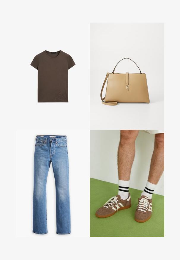 Short faux fur jacket in light beige with a short collar and front seam detail. Soft texture with long, fluffy fibers and full-length sleeves.; Brown short-sleeve t-shirt made of smooth fabric, featuring a round neckline and a regular fit, with no additional patterns or accents.; Blue denim jeans with a straight leg design, feature a high waist, classic five-pocket styling, and distinct fading on the thighs.; Brown suede sneakers with white accents and laces. Rubber gum sole. Worn with white socks featuring black stripes. Green textured flooring.; Tommy Hilfiger LIBRE SATCHEL - Handbag - safari