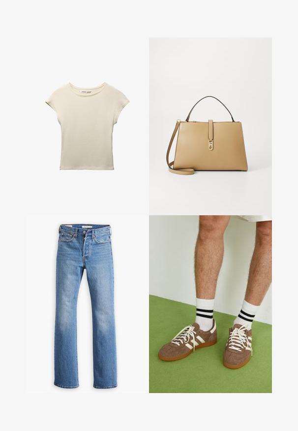 Lyhyt tekoturkistakki vaaleanbeigellä värillä, jossa on lyhyt kaulus ja etusauman yksityiskohtia. Pehmeä rakenne, jossa on pitkät, pörröiset kuidut ja täyspitkät hihat.; Kermanvärinen lyhythihainen t-paita, joka on valmistettu pehmeästä puuvillasta. Sisältää pyöreän kaula-aukon ja rentoa istuvuutta, jossa on vähäisiä ompelutietoja.; Siniset farkut suoran lahdesignillä, joissa on korkea vyötärö, klassinen viisi taskua -tyyli ja selkeä haalistuma reisissä.; Ruske nahkate sneakerit valkoisilla korostuksilla ja nauhoilla. Kumi-gumipohja. Yhdistetty valkoisiin sukkiin, joissa on mustia raitoja. Vihreä teksturoitu lattia.; Tommy Hilfiger LIBRE SATCHEL - Käsilaukku - safari