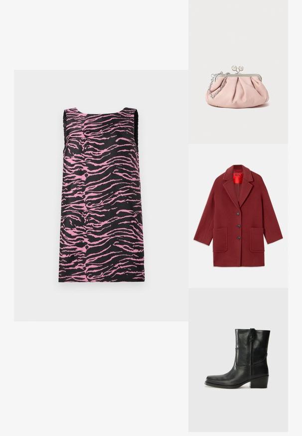 Burgundi színű gyapjú keverék kabát, beszegett gallérral, három fekete gombbal és két elülső zsebbel. Piros béléssel. Laza szabású és térd hosszúságú.; Fekete anyagú, ujjatlan ruha, pink tigrissáv mintázattal, egyenes szabással és sima textúrával. Nincsenek látható fémrészek vagy díszítések.; Fekete bőr bokacsizma lekerekített orral, blokk sarkúval, oldalsó cipzárral és varrásos díszítéssel az elején. Simább textúra, klasszikus dizájn.; Rózsaszín bőr clutch táska gyűrt dizájnnal, fém kerettel, két kerek csattal és ezüst lánccal. Sima textúrájú, kompakt formájú.