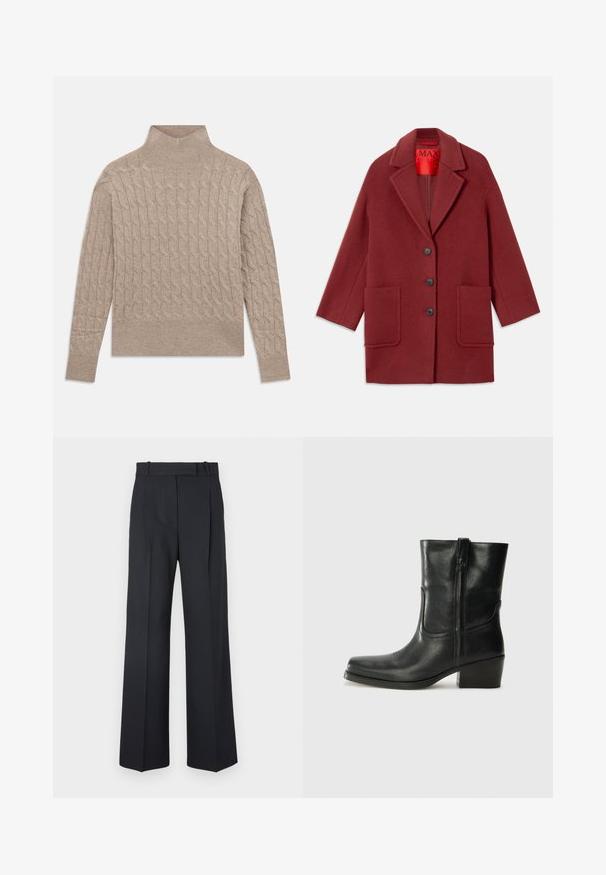 Burgundy wool blend coat with a notched collar, three black buttons, and two front pockets. Lined in red. Relaxed fit and knee-length.; Beige cable-knit turtleneck sweater with long sleeves and ribbed cuffs and hem, laid flat on a white background.; Dark blue pinstriped trousers with a high waist, wide leg design, and no visible hardware or embellishments. Smooth texture and tailored fit.; Black leather ankle boot with a rounded toe, block heel, side zipper, and stitching accents on the vamp. Smooth texture, classic design.