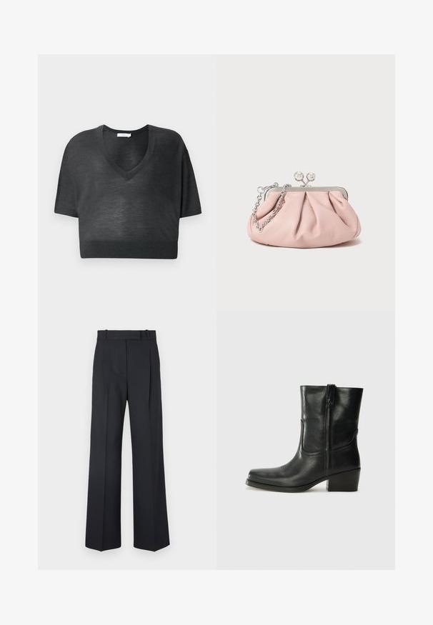 Burgundy wool blend coat with a notched collar, three black buttons, and two front pockets. Lined in red. Relaxed fit and knee-length.; Black cropped T-shirt in lightweight fabric, featuring a V-neck, short sleeves, and ribbed hem. Minimalistic design with no patterns or accents.; Dark blue pinstriped trousers with a high waist, wide leg design, and no visible hardware or embellishments. Smooth texture and tailored fit.; Black leather ankle boot with a rounded toe, block heel, side zipper, and stitching accents on the vamp. Smooth texture, classic design.; Pink leather clutch bag with a gathered design, metal frame, two round clasps, and a silver chain strap. Smooth texture, compact shape.