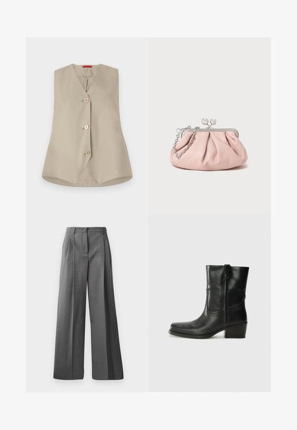 Burgunderfarbener Wollmischmantel mit abgestepptem Kragen, drei schwarzen Knöpfen und zwei vorderen Taschen. Innenfutter in Rot. Lässiger Schnitt und knielang.; Beige ärmellose Weste mit V-Ausschnitt, ausgestattet mit drei Holzknöpfen und einem geraden Saum. Hergestellt aus glattem Stoff mit einem klaren Design.; Schwarzes Tanktop mit dünnen Spaghetti-Trägern, aus geripptem Stoff, mit geradem Schnitt und einem Etikett am Hals, auf dem "IVY OAK" steht.; Graue, weit geschnittene Hosen aus strukturiertem Stoff mit feinem Muster. Mit vorderen Falten und einem Bund mit Gürtelschlaufen.; Schwarze Leder-Ankle Boots mit runder Zehenform, Blockabsatz, seitlichem Reißverschluss und gestickten Akzenten auf dem Blatt. Glatte Textur, klassisches Design.; Rosa Leder-Clutch mit einem gerafften Design, Metallrahmen, zwei runden Verschlüssen und einem silbernen Kettenriemen. Glatte Textur, kompakte Form.