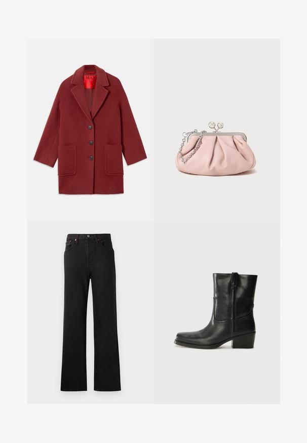 Burgundy wool blend coat with a notched collar, three black buttons, and two front pockets. Lined in red. Relaxed fit and knee-length.; Long-sleeve, light beige top with a round neckline. Made of soft fabric, features a central seam and slightly curved hem. No visible hardware.; High-waisted black denim jeans with a flared leg, featuring visible stitching, five-pocket design, and copper-tone hardware accents.; Black leather ankle boot with a rounded toe, block heel, side zipper, and stitching accents on the vamp. Smooth texture, classic design.; Pink leather clutch bag with a gathered design, metal frame, two round clasps, and a silver chain strap. Smooth texture, compact shape.