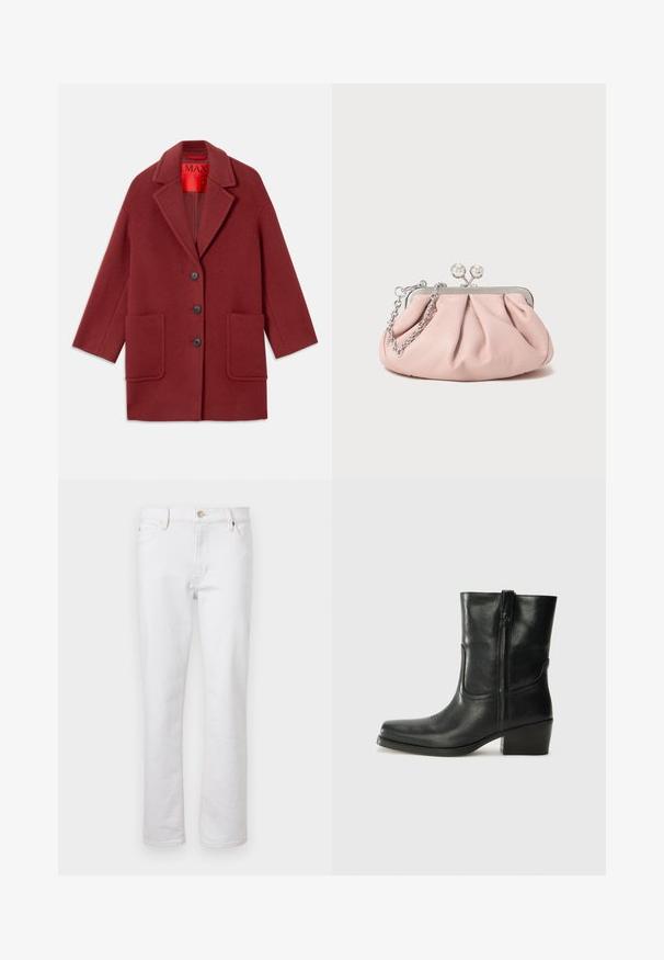 Burgundská vlnená bunda s klapkovým golierom, tromi čiernymi gombíkmi a dvoma prednými vreckami. Podšitá červenou látkou. Vo voľnom strihu a dĺžke po kolená.; Sivý rebrovaný top bez rukávov s okrúhlym výstrihom a širokými ramienkami. Má jemnú textúru a priliehavý strih. Viditeľná značka.; Biele džínsy z denimového materiálu so strihom rovného nohu, päť vrecami, svetlou niťou a strieborným zatváraním na gombík. Hladký povrch a minimálne detaily.; Čierne kožené členkové topánky s okrúhlou špičkou, blokovým podpätkom, bočným zipsom a prešívaním na priehlavku. Hladká textúra, klasický dizajn.; Ružová kožená kabelka s prepleteným dizajnom, kovovým rámom, dvoma okrúhlymi západkami a strieborným reťazovým popruhom. Hladká textura, kompaktný tvar.
