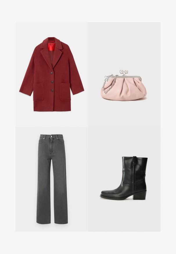 Burgundin villasekoitteinen takki, jossa on leikattu kaulus, kolme mustaa nappia ja kaksi etutaskua. Vuorattu punaisella. Rentomallinen ja polvimittainen.; Harmaa urheilullinen hihaton paita, jossa on pyöreä pääntie ja leveät olkaimet. Ominaisuuksiin kuuluu pehmeä rakenne ja vartalonmyötäinen muotoilu. Brändilogo näkyvissä.; Laventuvat, harmaat farkut korkealla vyötäröllä, edessä nappisuljenta ja kontrastiväriset saumat. Mukana on kaksi sivutaskua ja sileä rakenne.; Musta nahkasaapas nilkkamittaisella varrella, pyöreällä kärjellä, lohkarekorolla, sivuvetoketjulla ja ompeluaksentilla varren yläosassa. Suora pinta, klassinen muotoilu.; Vaaleanpunainen nahkakuuloket pursotettu muotoilun laukku, metallirunko, kaksi pyöreää lukkoa ja hopeaketjuolkaimet. Sileä pinta, kompaktin muotoinen.