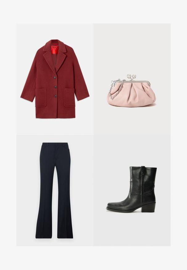 Bordeaux wollen mix jas met een geknipte kraag, drie zwarte knopen en twee voorzakken. Voering in het rood. Relaxte pasvorm en knie-lengte.; Zwarte tanktop met dunne spaghettibandjes, gemaakt van ribstof, met een rechte snit en een label op de hals dat "IVY OAK" zegt.; Uitlopende zwarte broek gemaakt van lichte stof, met een middelhoge taille, twee voorkruiken en een gladde textuur zonder patronen.; Zwarte leren enkellaars met een ronde neus, blokhak, zijrits en stikselaccenten op de wreef. Gladde textuur, klassiek ontwerp.; Roze leren clutch tas met een geplooid ontwerp, metalen frame, twee ronde sluitingen en een zilveren schouderband. Gladde textuur, compacte vorm.