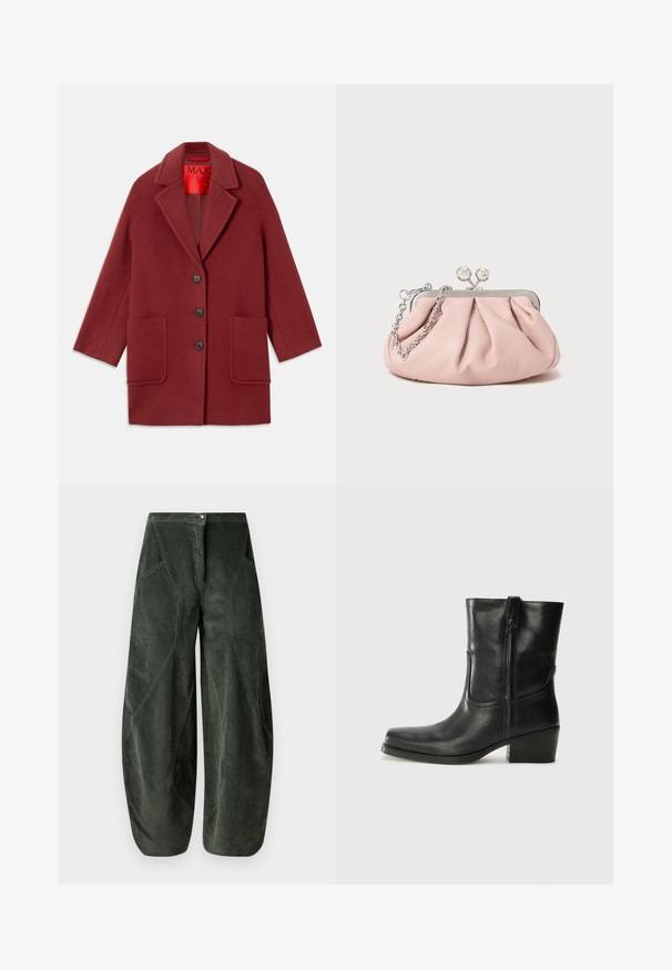 Burgundska volnena jakna z notched ovratnikom, tremi črnimi gumbi in dvema sprednjima žepoma. Podložena v rdeči barvi. Ohlapen kroj in dolžina do kolen.; Črna majica brez rokavov z tankimi naramnicami, izdelana iz rebrastega materiala, z ravnim krojem in oznako na ovratniku z napisom "IVY OAK."; Hlače s širokimi nogami iz temno zelenega kordunskega blaga, ki imajo gumbasto zapiranje in poševne bočne žepke z teksturiranim, rebrastim vzorcem.; Črne usnjene gležnjarje z zaobljenim nosom, blok peto, stransko zadrgo in šivanjem na vampu. Gladka tekstura, klasična zasnova.; Roza usnjena torbica s gubanjem, kovinskim okvirjem, dvema okroglima zaponkama in srebrnim verižnim trakcem. Gladka tekstura, kompaktna oblika.