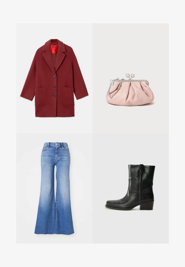 Burgundin villasekoitteinen takki, jossa on leikattu kaulus, kolme mustaa nappia ja kaksi etutaskua. Vuorattu punaisella. Rentomallinen ja polvimittainen.; Mustat hihattomat paidat, joissa on ohut spagettiolkaimet, valmistettu ribbikankaasta. Paidassa on suora leikkaus ja kaula-aukon kohdalla on lappu, jossa lukee "IVY OAK."; Farkut, joissa on leveät lahkeet ja vaaleansininen pesu, korkea vyötärö, erottuvat leveät lahkeet sekä kevyesti haalistuneet lahkeet kohti helmaa. Napilla ja vetoketjulla suljettavat.; Musta nahkasaapas nilkkamittaisella varrella, pyöreällä kärjellä, lohkarekorolla, sivuvetoketjulla ja ompeluaksentilla varren yläosassa. Suora pinta, klassinen muotoilu.; Vaaleanpunainen nahkakuuloket pursotettu muotoilun laukku, metallirunko, kaksi pyöreää lukkoa ja hopeaketjuolkaimet. Sileä pinta, kompaktin muotoinen.