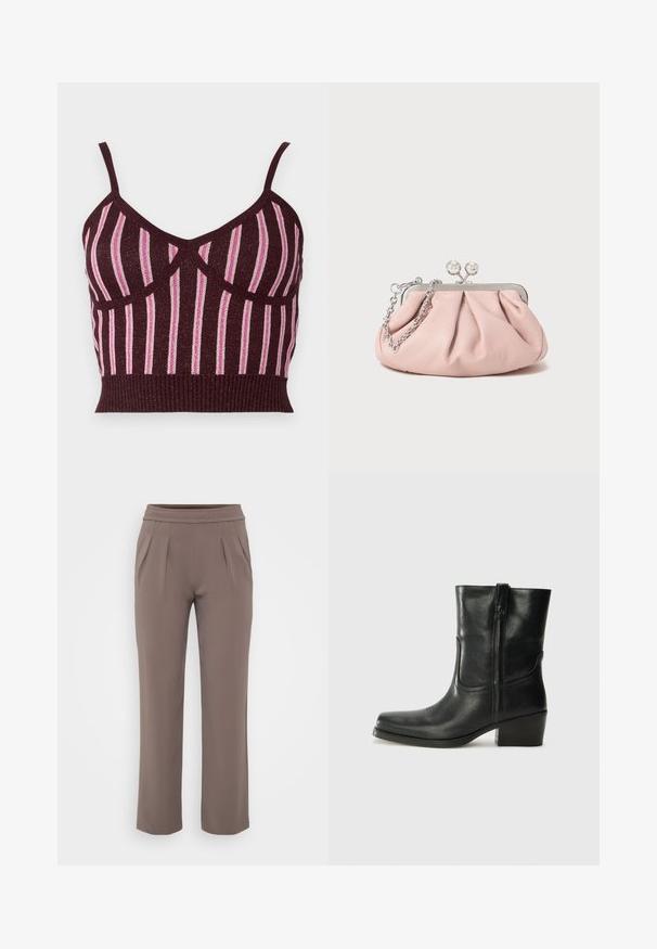 Bordo vilnos mišinio paltas su įpjovimu ant apykaklės, trimis juodais mygtukais ir dviem priekinėmis kišenėmis. Iš vidaus raudonas pamušalas. Laidūs fasonas ir iki kelių.; Burgundiškai raudonas megztas trumpas topas su plonomis petnešomis, su vertikaliomis rožinėmis metalinėmis juostelėmis ir raukinėtu apvadu. Tekstūruota medžiaga su aiškiais siūlėmis.; Smėlinės laisvo kirpimo kelnės su elastinga juosmens juostele ir priekine klostele, pagamintos iš lygaus audinio.; Juodi odiniai aulinukai iki kulkšnies su apvali nosimi, blokuotais kulnais, šonine užtrauktuku ir siuvimo akcentais ant viršutinės dalies. Lygi tekstūra, klasikinis dizainas.; Rožinė odinė rankinė su surinkta forma, metaliniu rėmu, dviem apvaliais užsegimais ir sidabrine grandinėlės dirželiu. Lygus paviršius, kompaktiška forma.
