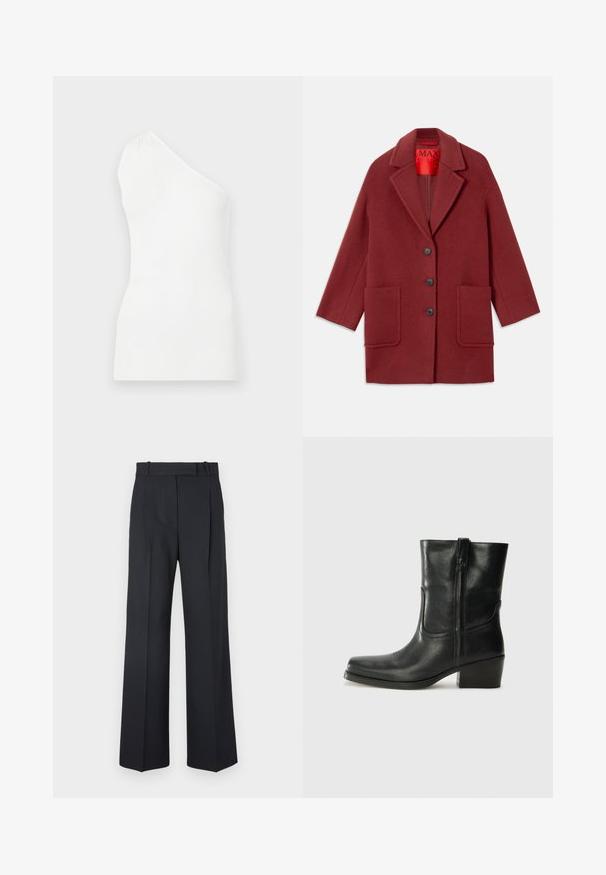 Burgundin villasekoitteinen takki, jossa on leikattu kaulus, kolme mustaa nappia ja kaksi etutaskua. Vuorattu punaisella. Rentomallinen ja polvimittainen.; Valkoinen, ribattu hihaton paita, jossa on yksi olka. Ominaisuuksiaan ovat tiukka muotoilu ja hienovarainen tekstuuri, jotka korostavat minimalistista tyyliä.; Tummansiniset raidalliset housut, joissa on korkea vyötärö, leveät lahkeet ja ei näkyviä metalliosia tai koristeita. Sileä pinta ja räätälöity istuvuus.; Musta nahkasaapas nilkkamittaisella varrella, pyöreällä kärjellä, lohkarekorolla, sivuvetoketjulla ja ompeluaksentilla varren yläosassa. Suora pinta, klassinen muotoilu.