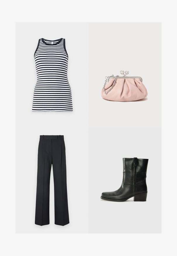 Burgundin villasekoitteinen takki, jossa on leikattu kaulus, kolme mustaa nappia ja kaksi etutaskua. Vuorattu punaisella. Rentomallinen ja polvimittainen.; Musta ja valkoinen raidallinen hihaton t-paita, jossa on pyöreä kaula-aukko ja ribbaittu pinta, ominaisuuksiin kuuluu vartaloa myötäilevä muotoilu.; Tummansiniset raidalliset housut, joissa on korkea vyötärö, leveät lahkeet ja ei näkyviä metalliosia tai koristeita. Sileä pinta ja räätälöity istuvuus.; Musta nahkasaapas nilkkamittaisella varrella, pyöreällä kärjellä, lohkarekorolla, sivuvetoketjulla ja ompeluaksentilla varren yläosassa. Suora pinta, klassinen muotoilu.; Vaaleanpunainen nahkakuuloket pursotettu muotoilun laukku, metallirunko, kaksi pyöreää lukkoa ja hopeaketjuolkaimet. Sileä pinta, kompaktin muotoinen.