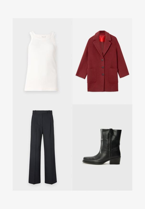 Burgundin villasekoitteinen takki, jossa on leikattu kaulus, kolme mustaa nappia ja kaksi etutaskua. Vuorattu punaisella. Rentomallinen ja polvimittainen.; Valkoinen ribbipinta tanktoppi, jossa on pyöreä kaula-aukko ja leveät olkaimet. Hemmassa on hienovarainen logoyksityiskohta. Pehmeä kangasmateriaali, jossa on muotoon leikattu malli.; Tummansiniset raidalliset housut, joissa on korkea vyötärö, leveät lahkeet ja ei näkyviä metalliosia tai koristeita. Sileä pinta ja räätälöity istuvuus.; Musta nahkasaapas nilkkamittaisella varrella, pyöreällä kärjellä, lohkarekorolla, sivuvetoketjulla ja ompeluaksentilla varren yläosassa. Suora pinta, klassinen muotoilu.