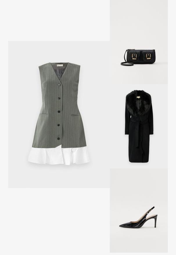 Schwarzer langer Mantel mit einem weichen Pelzkragen, elegantem Stoff, tailliertem Gürtel und Seitentaschen, entworfen für Wärme und Eleganz.; Ärmelloses graues Nadelstreifenkleid mit schwarzen Knöpfen auf der Vorderseite und einem weißen Rüschensaum vor einfarbigem Hintergrund.; Schwarz lackierte Slingback-Pumps mit spitzem Zehenbereich, schlankem Absatz und einem subtilen Ausschnittdesign. Verfügt über eine goldene Schnalle am Riemen.; Schwarze Leder-Umhängetasche mit zwei vorderen Taschen, goldenen Schnallen, Reißverschluss und einem schmalen Tragegurt. Texturierte Oberfläche und kompakte rechteckige Form.