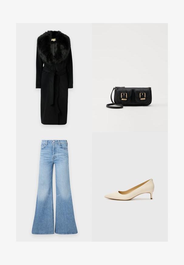 Mustast materjalist pikk mantel, millel on pehme karusnahast krae, sile kangas, vöökohal vöö ning küljetaskud, disainitud soojuse ja elegantsi tagamiseks.; Lühikeste varrukatega, pehmest kangast lõigatud valge T-särk, millel on ümar kaelus ja soonikuga ääred. Lihtne ja ilma kaunistusteta disain.; Heledad sinised flared teksad, mis on valmistatud denimist, kõrge talje ja laiad jalad, ning tuhmumisega tekstuur. Viie tasku disain ja nööbiga sulgemine.; Beige teravikuga kingad, mis on valmistatud siledast sünteetilisest materjalist, madala kontsaga ja libistatava disainiga, millel on tagasihoidlik seljaosa detail.; Must küllastamata nahast õlakott, millel on kaks esist nähtavat taskut, kuldsed pandlad, tõmblukuga sulgemine ja peen rihm. Tekstuuriga pind ja kompaktne ristkülikukujuline kuju.