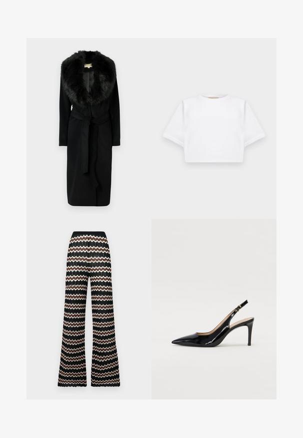 Zwarte lange jas met een zachte bontkraag, gladde stof, een tailleband en zijzakken, ontworpen voor warmte en elegantie.; Gemiddelde witte T-shirt gemaakt van zachte stof, met korte mouwen, een ronde halslijn en geribbelde zoomdetails. Eenvoudig en ongecompliceerd ontwerp.; Gebreide flare-broek met een zigzagpatroon in zwart, wit en bruin. Beschikt over een textuurafwerking en een elastische tailleband.; Zwarte gepatineerde leren slingback pump met een puntige neus, slanke hak en een subtiel uitgesneden ontwerp. Bevat een gouden gesp op de band.