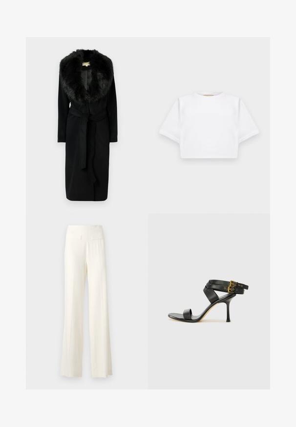 Fekete hosszú kabát plüss szőrme gallérral, sima anyagból, derékban övvel és oldalzsebekkel, melegséget és eleganciát biztosítva.; Rövid ujjú, puha anyagból készült, vágott fehér póló, kör alakú nyakkivágással és bordázott alsó résszel. Egyszerű és díszítetlen kialakítás.; Széles szárú nadrág elefántcsont színben, texturált anyagból, finom függőleges csíkozással és két hátsó zsebre jellemző.; Fekete magassarkú szandál keresztpántos dizájnnal és állítható csattal. Simább felülettel és hegyes tűsarkúval rendelkezik.