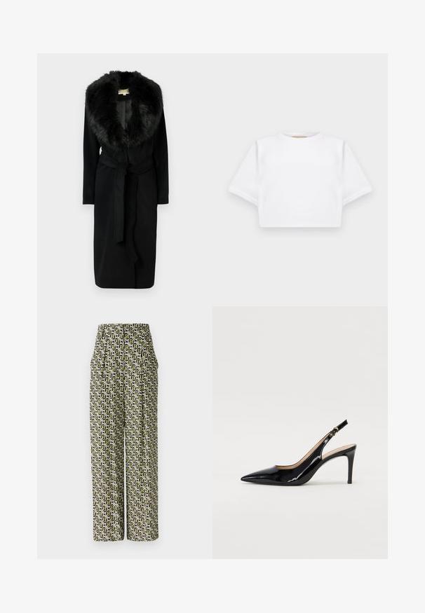 Zwarte lange jas met een zachte bontkraag, gladde stof, een tailleband en zijzakken, ontworpen voor warmte en elegantie.; Gemiddelde witte T-shirt gemaakt van zachte stof, met korte mouwen, een ronde halslijn en geribbelde zoomdetails. Eenvoudig en ongecompliceerd ontwerp.; Diane von Furstenberg BELLINI PANTS - Broek - green; Zwarte gepatineerde leren slingback pump met een puntige neus, slanke hak en een subtiel uitgesneden ontwerp. Bevat een gouden gesp op de band.