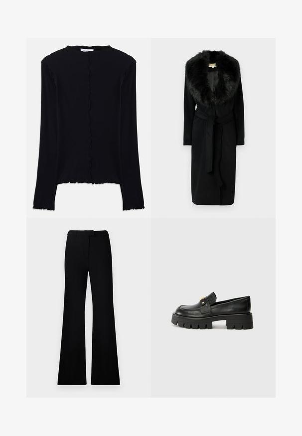 Black long coat featuring a plush fur collar, sleek fabric, belted waist, and side pockets, designed for warmth and elegance.; Black long-sleeve top made of soft fabric. Features a scalloped neckline and hem, with a simple, fitted design. No additional embellishments.; Black flared pants featuring a smooth texture, tailored waistband, and front pockets, designed with a sleek, modern silhouette.; Black leather loafers with a chunky sole, featuring a gold-tone accent on the front and a smooth finish. Chunky tread design on the sole.