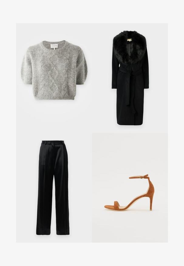 Black long coat featuring a plush fur collar, sleek fabric, belted waist, and side pockets, designed for warmth and elegance.; Gray short-sleeve pullover sweater with cable knit pattern and ribbed hem. Made of a soft, textured material. Brand label visible at the neck.; Black high-waist satin trousers with straight wide legs, belt loops, and a flat front closure against a plain white background.; Brown suede high-heeled sandal featuring a thin ankle strap with a gold buckle, open toe, and a sleek, minimalist design.