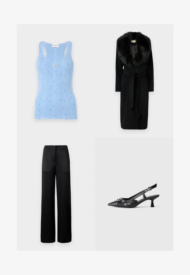 Mustast materjalist pikk mantel, millel on pehme karusnahast krae, sile kangas, vöökohal vöö ning küljetaskud, disainitud soojuse ja elegantsi tagamiseks.; Hele sinine ribaga tank top väikeste mustade täppidega, millel on ümmargune kaelus ja laiad õlapaelad. Kaela ääres on silt "CLAUDE."; Laiad mustad püksid tekstureeritud pinnaga, millel on lame vöökoht ja kaks kül pocketit. Kangas näib kergena ja voolavana.; Must must have must toote tõmblukuga, dekoratiivsed rihmad metallist silmadega ja madal blokk-kand. Tekstureeritud pind.