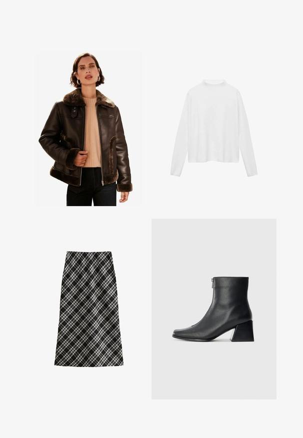 Brązowa skórzana kurtka z sztucznym futrem przy kołnierzu i mankietach; posiada zapięcie na zamek błyskawiczny, boczne kieszenie oraz gładkie, teksturowane wykończenie.; Biała góra na długim rękawie z wysokim dekoltem. Miękka tkanina, luźny krój oraz boczne rozcięcia. Gładka tekstura bez wzorów czy ozdób.; Czarna i biała spódnica w kratę, średniej długości, w kształcie litery A, z teksturowanej tkaniny, z krzyżującymi się liniami oraz geometrycznymi wzorami.; Czarne skórzane botki za kostkę z kwadratowym noskiem, bocznym zamkiem błyskawicznym i słupkowym obcasem na jasnym tle.