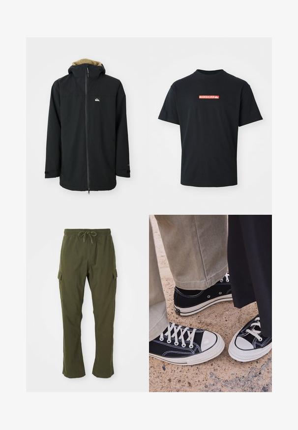 Svart vanntett jakke med en hette foret med pels, frontglidelås og logo-patch. Har lange ermer og justerbare mansjetter. Teksturert stoff.; Svart kortermet t-skjorte med en liten rød og hvit Quiksilver-logo sentrert på brystet, vist mot en enkel hvit bakgrunn.; Olivenfargede cargo bukser med elastisk liv, snor og sidelommer. Stoffet ser mykt ut med en glatt tekstur.; Svarte kanvas sneakers med hvite gummitåhette og snøring. Kontraststing og metallinger legger til detaljer. Bært med beige bukser og svart stoff.
