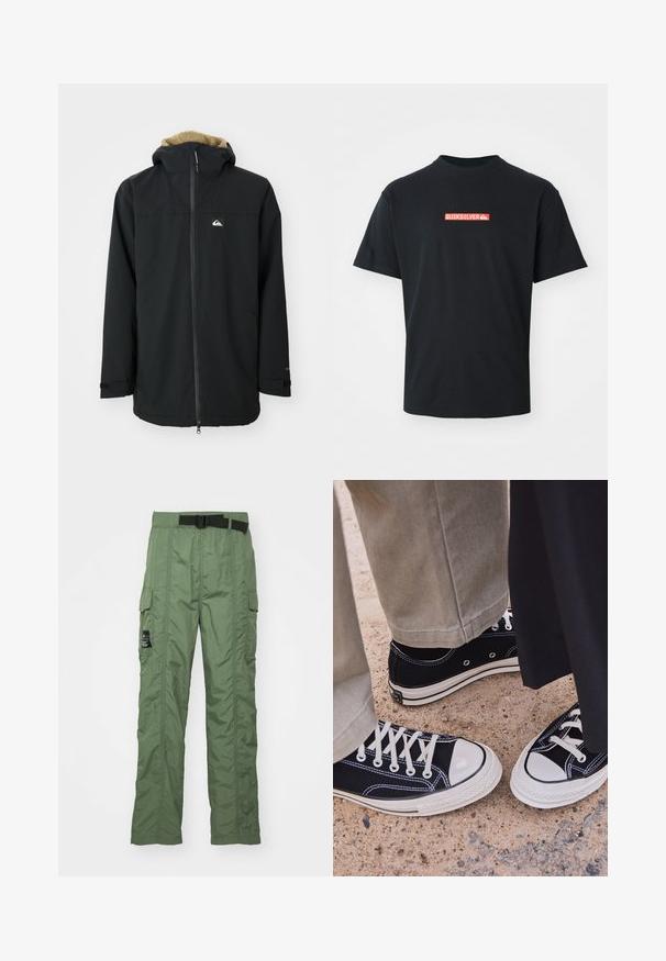 Zwarte waterdichte jas met een voering van bont in de capuchon, een ritssluiting aan de voorkant en een logo patch. Voorzien van lange mouwen en verstelbare manchetten. Getextureerde stof.; Zwarte t-shirt met korte mouwen en een klein rood en wit Quiksilver-logo gecentraliseerd op de borst, weergegeven tegen een effen witte achtergrond.; Olijfgroene cargopantalons, gemaakt van lichtgewicht stof. Voorzien van een zwarte riem, cargozakken aan de zijkanten en stikseldetails.; Zwarte canvas sneakers met witte rubberen neuzen en veters. Contrasterende stiksels en metalen oogjes voegen detail toe. Gecombineerd met beige broek en zwarte stof.