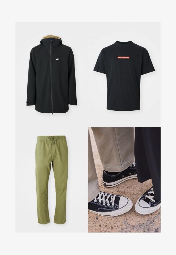 Melnas ūdensizturīgas jakas ar ādas odere kapuci, priekšpusē rāvējslēdzis un logo uzlīme. Iezīmē garas piedurknes un regulējamus aproces. Tekstūrēta auduma.; Melnā īsām piedurknēm T-kreklā ir neliels sarkans un balts Quiksilver logo centrā uz krūtīm, attēlots uz vienkrāsaina baltā fona.; Olišu zaļi brīvi pieguļoši bikses ar elastīgu jostu un auklu. Izgatavotas no mīkstas vielas ar gludu tekstūru un taisnām kājām.; Melni kanvas sporta apavi ar baltām gumijas pirkstgaliem un auklēm. Kontrastējoša dūkošana un metāla acu caurumi piešķir akcentus. Valkāti ar beidžu krāsas biksēm un melnu audumu.