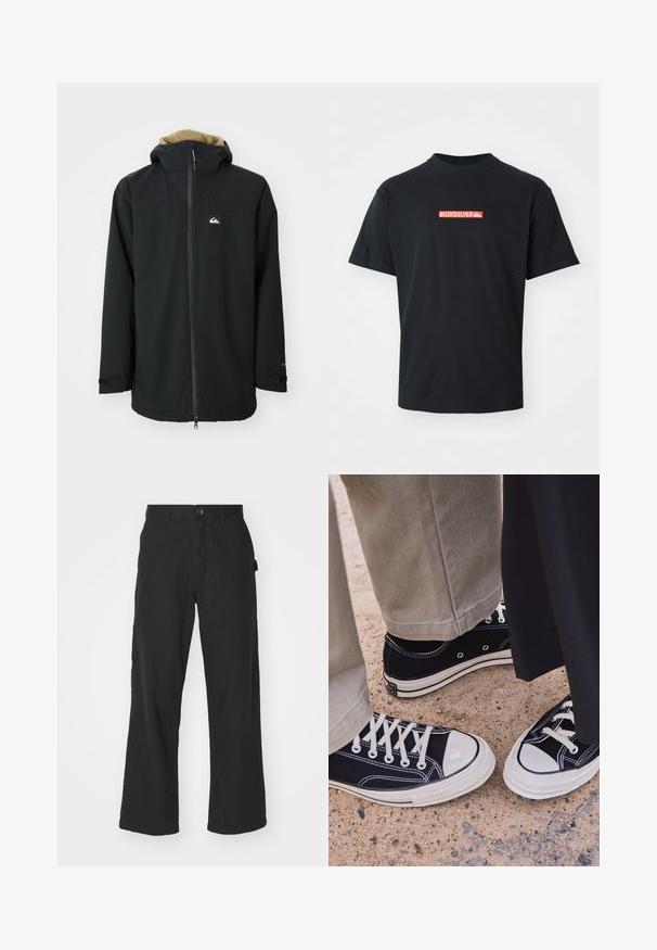 Zwarte waterdichte jas met een voering van bont in de capuchon, een ritssluiting aan de voorkant en een logo patch. Voorzien van lange mouwen en verstelbare manchetten. Getextureerde stof.; Zwarte t-shirt met korte mouwen en een klein rood en wit Quiksilver-logo gecentraliseerd op de borst, weergegeven tegen een effen witte achtergrond.; Zwarte wijde broek van lichtgewicht stof, met een knoopsluiting, voorzakken en een soepele textuur.; Zwarte canvas sneakers met witte rubberen neuzen en veters. Contrasterende stiksels en metalen oogjes voegen detail toe. Gecombineerd met beige broek en zwarte stof.