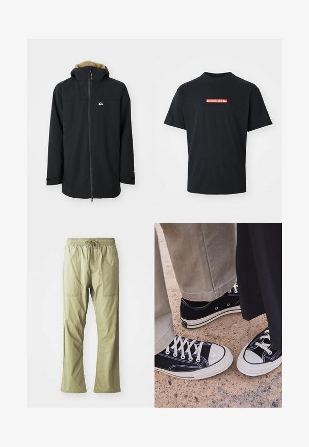 Čierna nepremokavá bunda s kapucňou podšitou kožušinou, predným zipsom a nášivkou s logom. Má dlhé rukávy a nastaviteľné manžety. Textúrovaná tkanina.; Čierne tričko s krátkym rukávom so malým červeným a bielym logom Quiksilver umiestneným na strednej časti hrudníka, zobrazené na hladkom bielom pozadí.; Olivové zelené, ľahké cargo nohavice s elastickým pásom, dvoma prednými vreckami a voľným strihom. Hladká bavlnená tkanina, rovný strih.; Čierne plátené tenisky s bielymi gumenými špičkami a šnúrkami. Kontrastné švy a kovové očká pridávajú detail. Nosené s béžovými nohavicami a čiernou látkou.