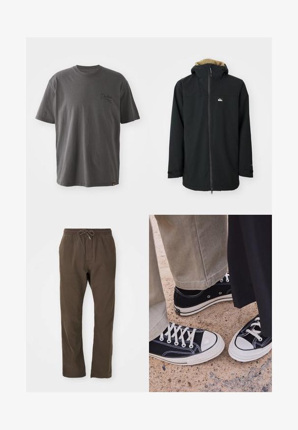 Juodas vandeniui atsparus striukė su pūkų pamušalu kapuce, priekyje su užtrauktuku ir logotipo aplikacija. Sukurta su ilgomis rankovėmis ir reguliuojamais audinių rankogaliais. Tekstūruotas audinys.; Pilkos trumpomis rankovėmis pagamintas medvilnės marškinėliai, turi apvalią kaklo iškirptę, subtilų logotipą ant krūtinės ir laisvą siluetą su lygiu paviršiumi.; Rudos kasualūs kelnes su elastinga juosta ir raišteliu, tiesaus kirpimo, tinkamos kasdieniam dėvėjimui.; Juodi kanvasiniai sportbačiai su baltais gumos pirštais ir virvutėmis. Kontrastingos siūlės ir metaliniai akių laikikliai suteikia detalumą. Dėvimi su smėlio spalvos kelnėmis ir juoda medžiaga.