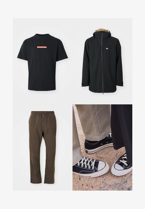 Čierna nepremokavá bunda s kapucňou podšitou kožušinou, predným zipsom a nášivkou s logom. Má dlhé rukávy a nastaviteľné manžety. Textúrovaná tkanina.; Čierne tričko s krátkym rukávom so malým červeným a bielym logom Quiksilver umiestneným na strednej časti hrudníka, zobrazené na hladkom bielom pozadí.; Hnedé pohodlné nohavice s elastickým pásom a šnúrkou, strih rovný, vhodné na každodenné nosenie.; Čierne plátené tenisky s bielymi gumenými špičkami a šnúrkami. Kontrastné švy a kovové očká pridávajú detail. Nosené s béžovými nohavicami a čiernou látkou.