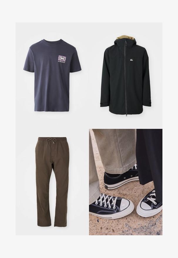 Čierna nepremokavá bunda s kapucňou podšitou kožušinou, predným zipsom a nášivkou s logom. Má dlhé rukávy a nastaviteľné manžety. Textúrovaná tkanina.; Námornícka modrá bavlnená tričko s okrúhlym výstrihom a krátkymi rukávmi. Na ľavej hrudi má geometrický grafický potlač v purpurovej a bielej farbe.; Hnedé pohodlné nohavice s elastickým pásom a šnúrkou, strih rovný, vhodné na každodenné nosenie.; Čierne plátené tenisky s bielymi gumenými špičkami a šnúrkami. Kontrastné švy a kovové očká pridávajú detail. Nosené s béžovými nohavicami a čiernou látkou.
