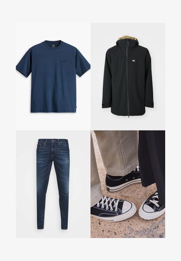 Black waterproof jacket with a fur-lined hood, front zipper, and logo patch. Features long sleeves and adjustable cuffs. Textured fabric.; Navy blue cotton T-shirt, crew neckline, short sleeves, featuring discreet black logo on the left chest and a straight hem. Simple design.; Dark blue denim jeans with a slim fit, subtle fade, five pockets, and a metal button closure. Stitched accents in contrasting color.; Black canvas sneakers with white rubber toe caps and laces. Contrast stitching and metal eyelets add detail. Worn with beige pants and black fabric.