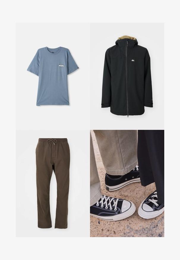 Svart vanntett jakke med en hette foret med pels, frontglidelås og logo-patch. Har lange ermer og justerbare mansjetter. Teksturert stoff.; Blå t-skjorte i bomull med korte ermer, rund hals og en liten logo trykt på venstre brystområde. Myk tekstur, avslappet passform.; Brune, avslappede bukser med elastisk linning og snor, rett benkutt, egnet for hverdagsbruk.; Svarte kanvas sneakers med hvite gummitåhette og snøring. Kontraststing og metallinger legger til detaljer. Bært med beige bukser og svart stoff.