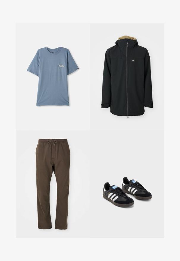 Černá voděodolná bunda s kapucí podšitou kožešinou, předním zipem a logem. Má dlouhé rukávy a nastavitelné manžety. Texturovaná tkanina.; Modrá bavlněná tričko s krátkými rukávy, kulatým výstřihem a malým potiskem na levé části hrudi. Měkká textura, volný střih.; Hnědé volné kalhoty s elastickým pasem a šňůrkou, rovný střih, vhodné pro každodenní nošení.; Černé tenisky s vrškem z semiše a syntetického materiálu, s třemi bílými pruhy, texturovanou gumovou podrážkou a modrou nášivkou loga na jazyku.